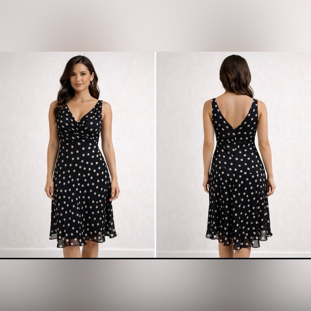 Adrianna Papell Black Polka Dot V‑Neck Chiffon Dress